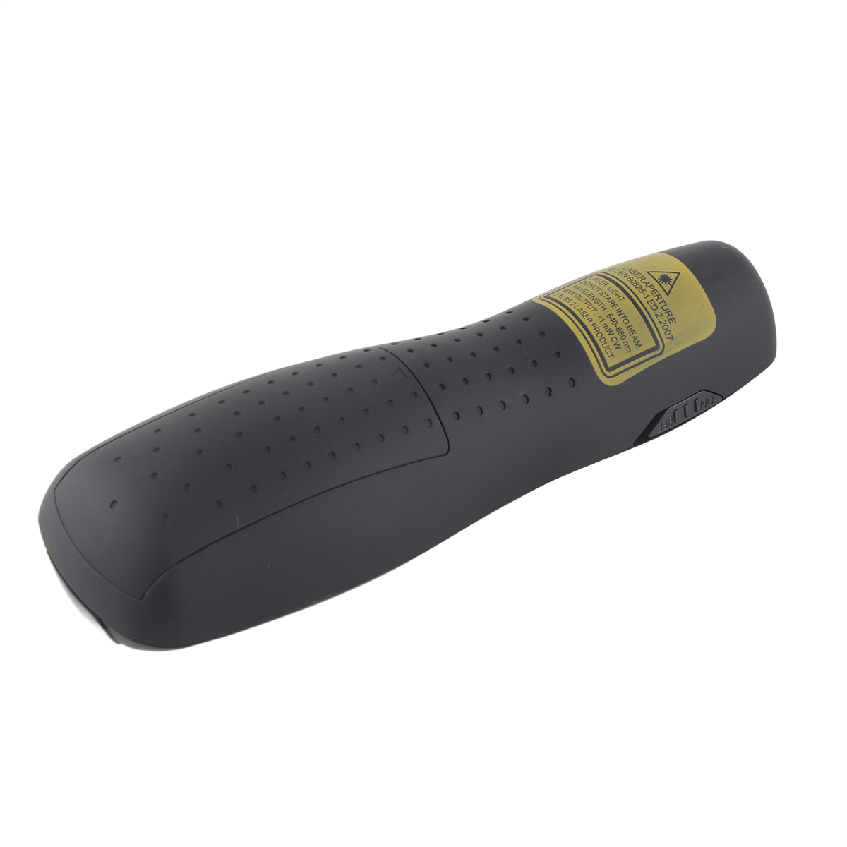 Ein schwarzer Laserpointer mit einem Knopf an der Seite. Weißer Hintergrund.