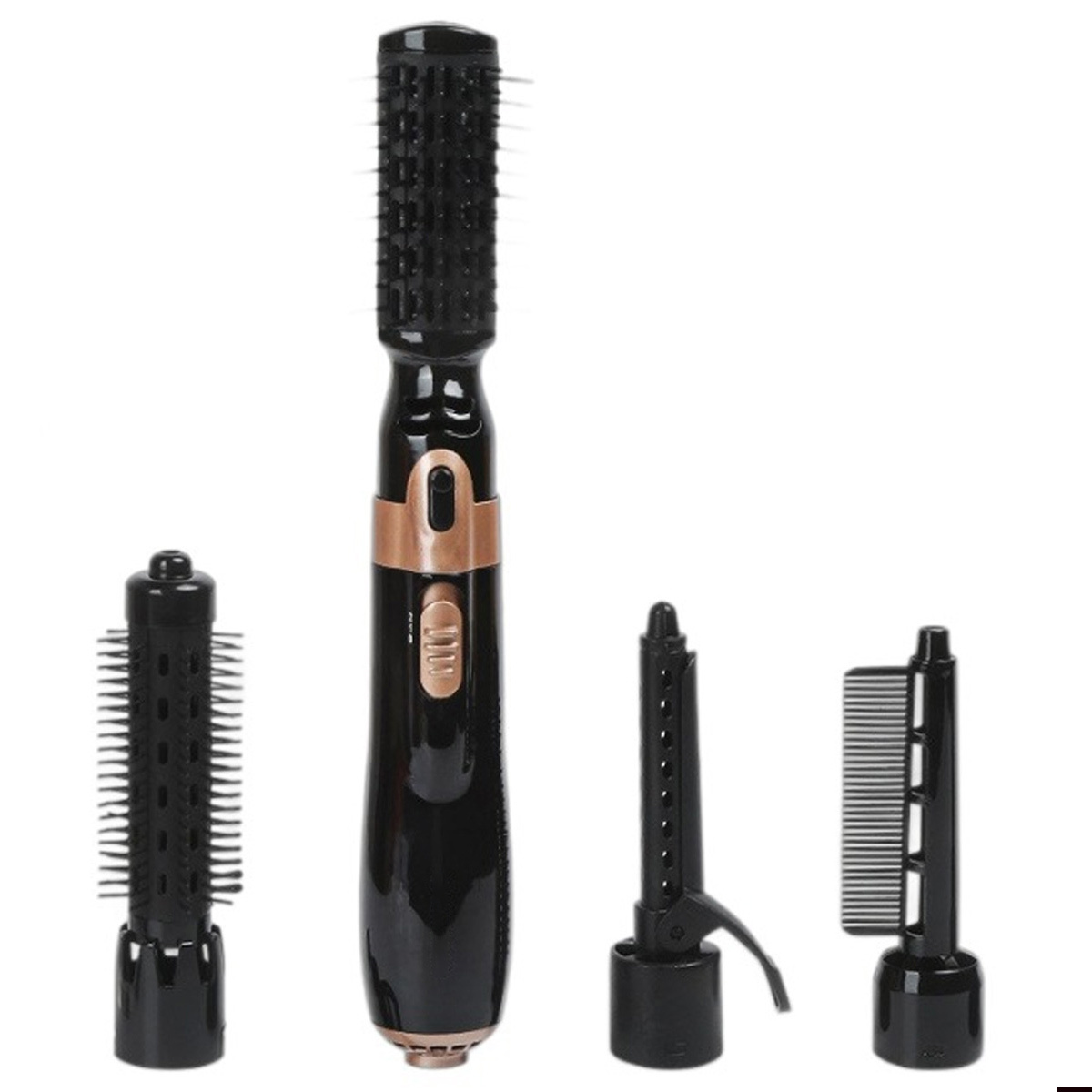 Ein schwarzer Haarstyler mit mehreren Aufsätzen auf einer weißen Oberfläche.