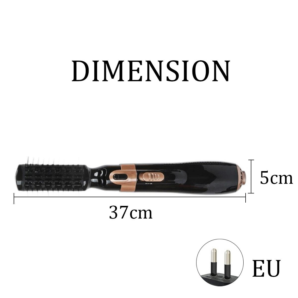 Haarstylingbürste mit Abmessungen in cm und einem Netzstecker. Schwarz-Gold-Kombination.