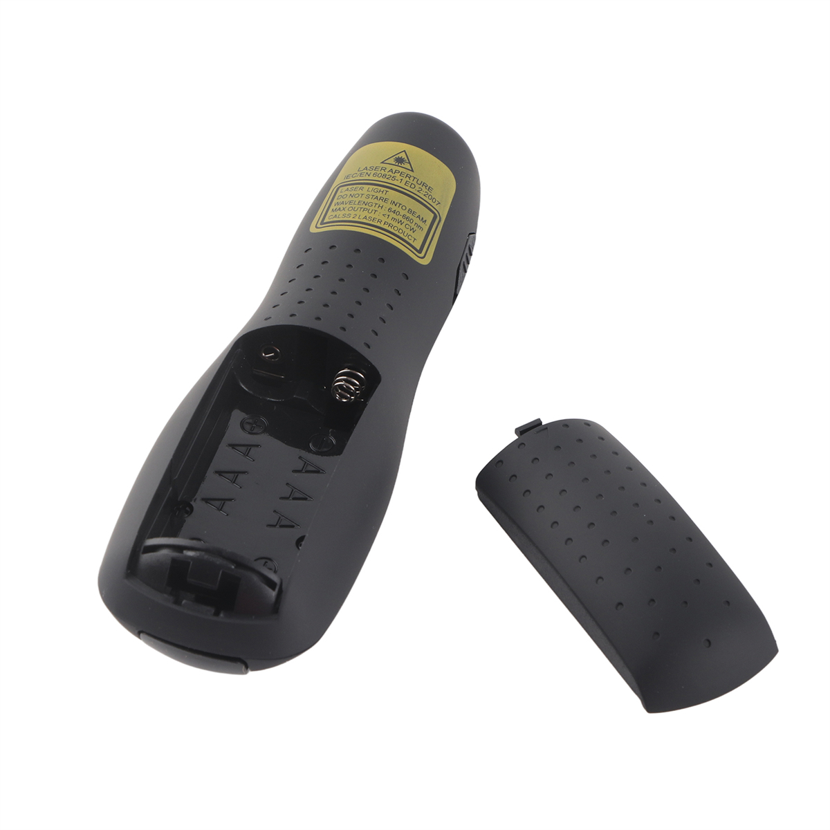 Schwarzer Laserpointer mit offenem Batteriefach, AAA-Batterien.