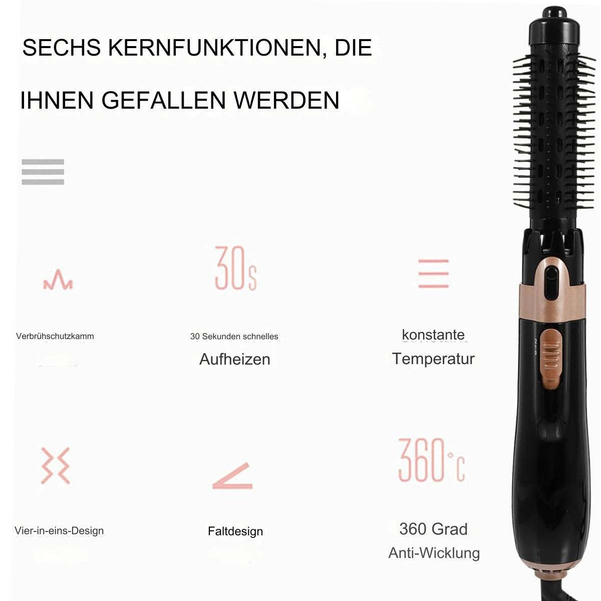 Haarstylingbürste, schwarz und gold mit Text und Symbolen für Funktionen.