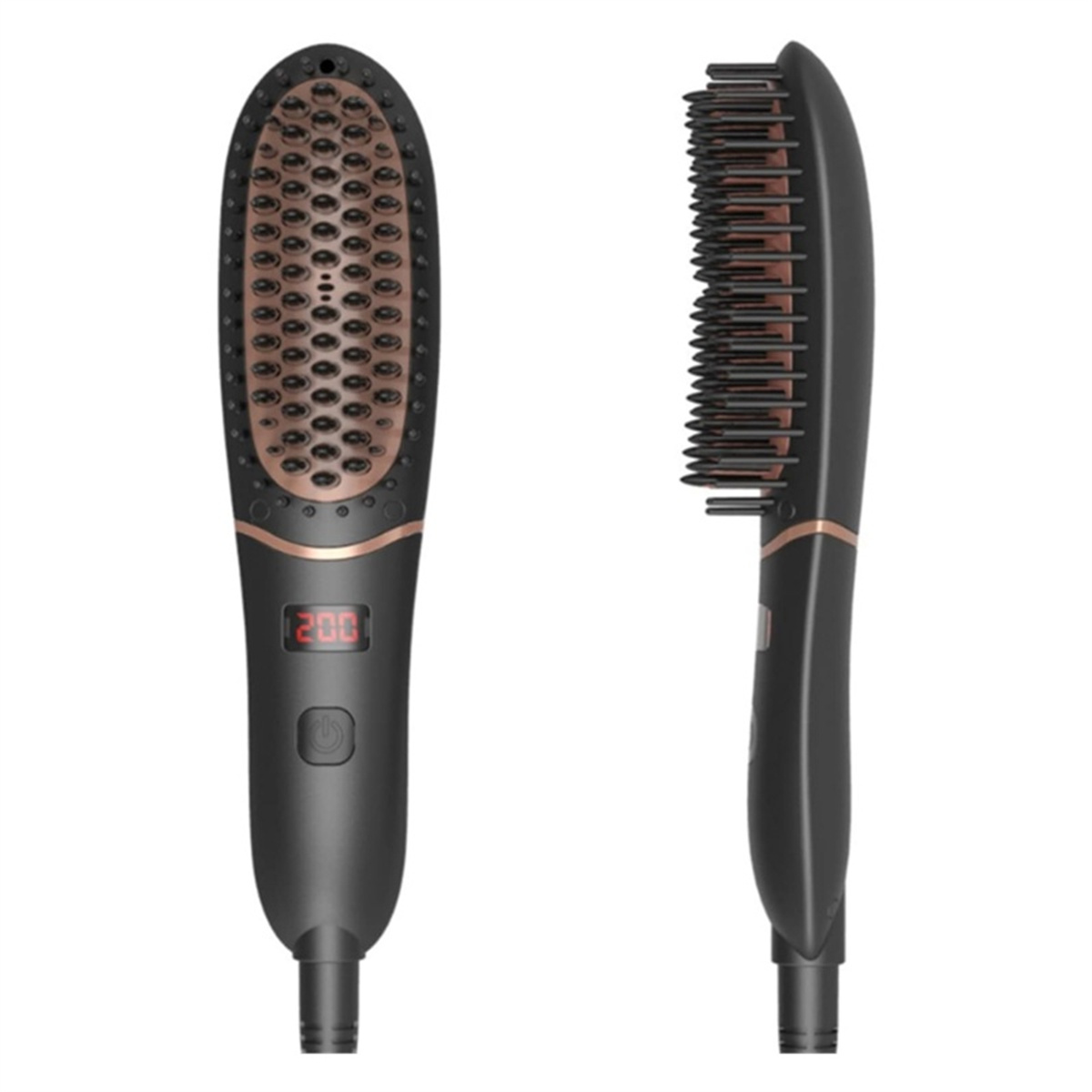 Zwei Ansichten einer schwarzen und roségoldenen Haarglättungsbürste mit Digitalanzeige.