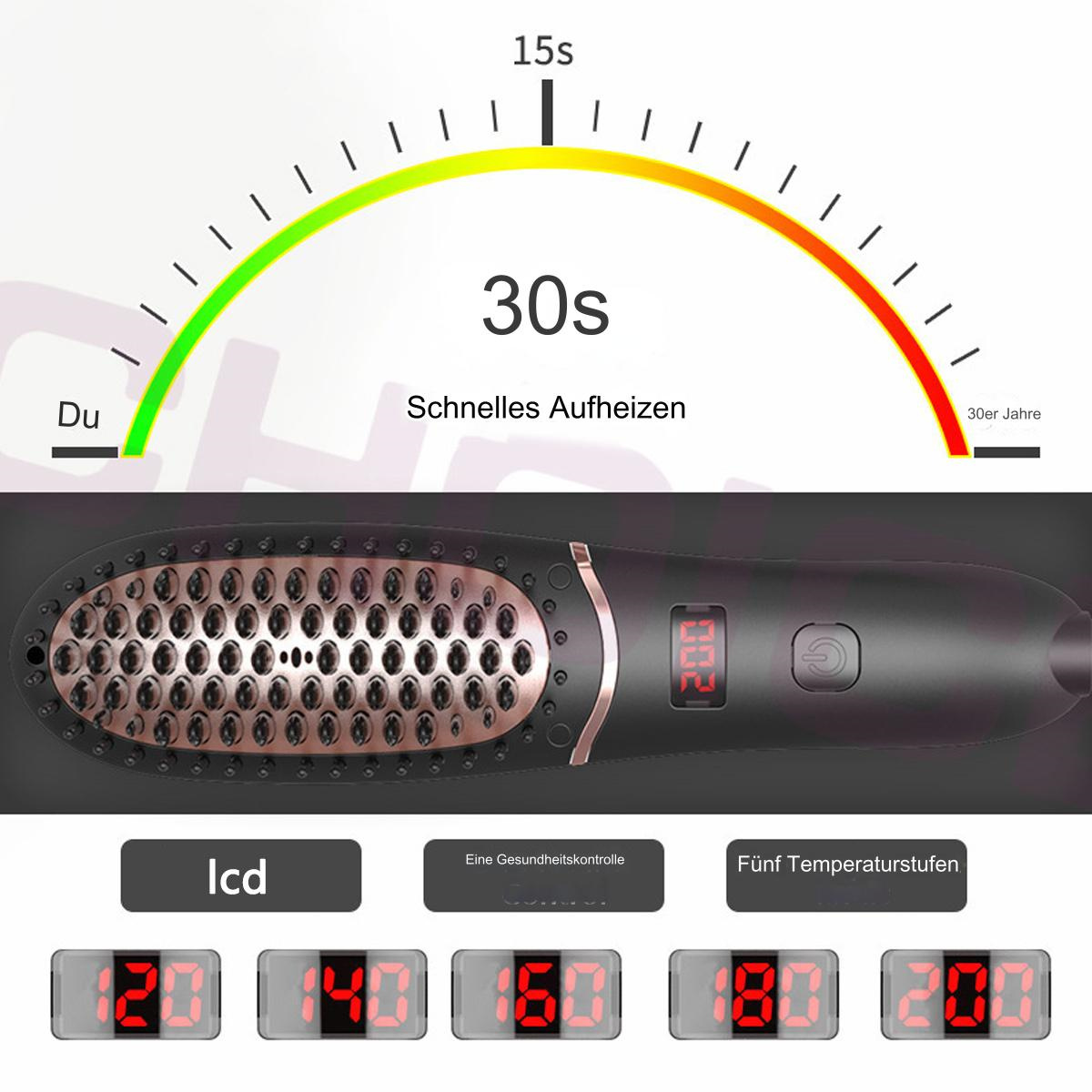 Haarglättungsbürste mit LCD-Bildschirm, Temperaturanzeige und Bedienelementen.
