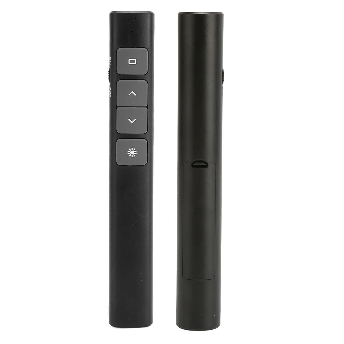 Zwei schwarze Präsentationsfernbedienungen, eine mit Knöpfen, die andere mit Batterieabdeckung.