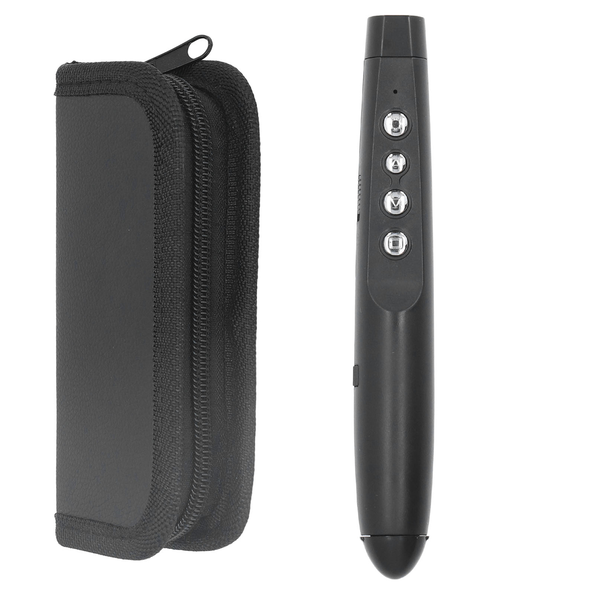 Schwarze Präsentationsfernbedienung mit schwarzem Gehäuse, mit Tasten und Laserpointer.