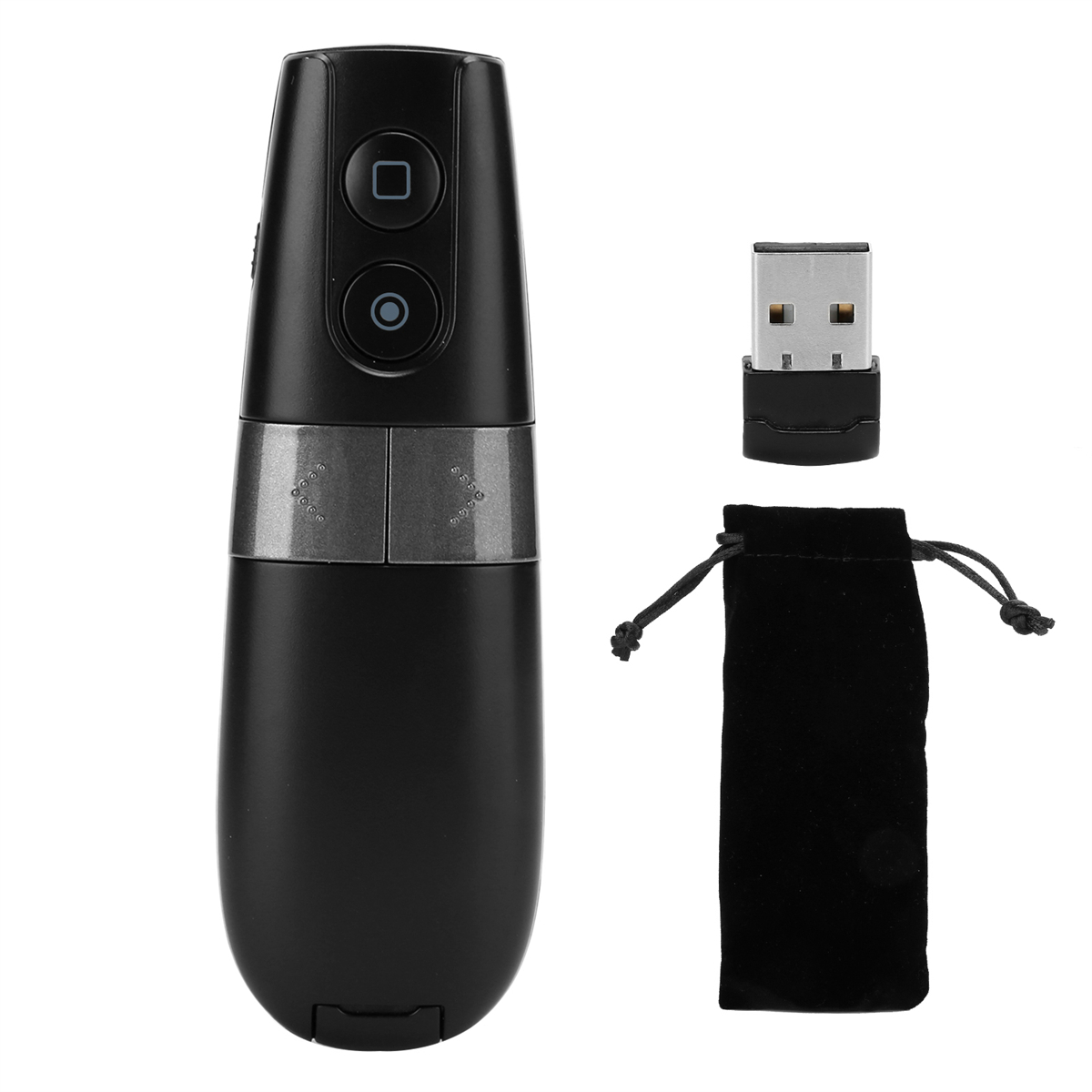 Schwarze Fernbedienung mit zwei Tasten. Ein USB-Empfänger und eine kleine schwarze Tasche sind ebenfalls enthalten.