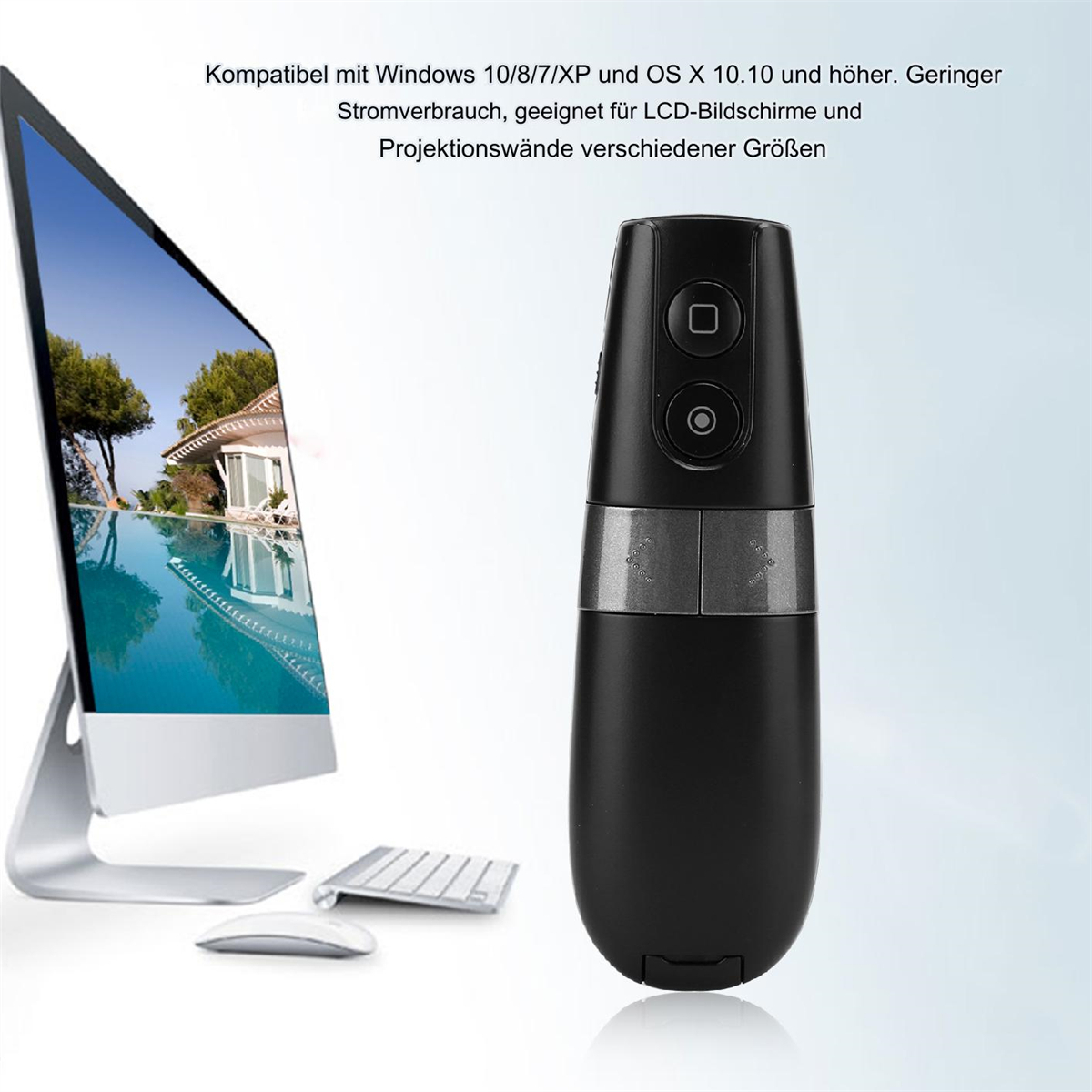Präsentationsfernbedienung neben Computer und Monitor, mit Text auf Deutsch oben.