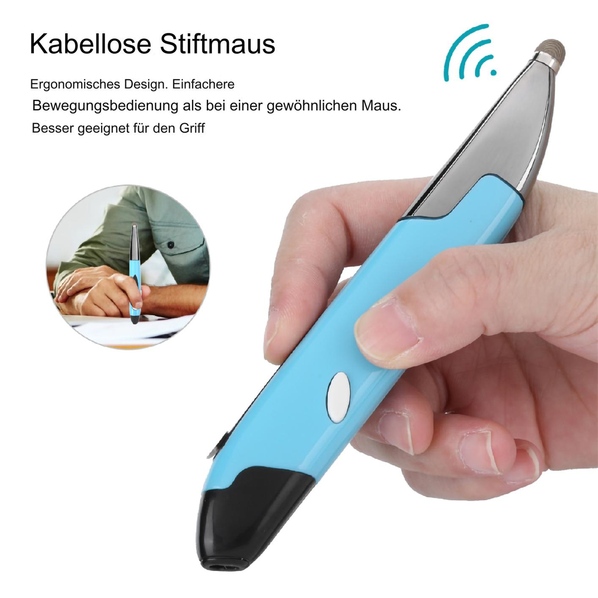 Eine blaue, stiftförmige, drahtlose Maus wird von einer Hand gehalten. Eine kleinere Version ist im Einsatz.