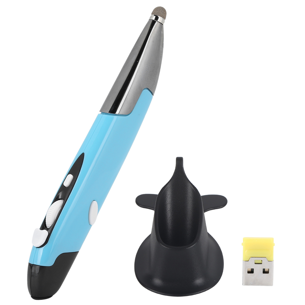 Blauer digitaler Stift mit Ständer und USB-Empfänger auf weißem Hintergrund.