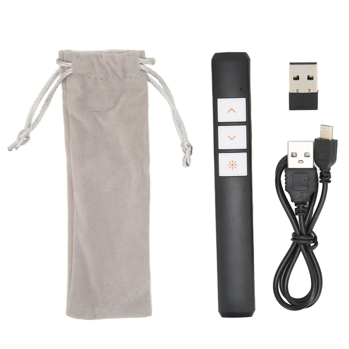 Eine schwarze Präsentationsfernbedienung mit Beutel, USB-Empfänger und Ladekabel.