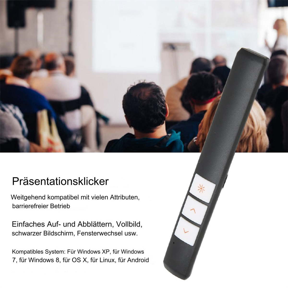 Ein schwarzer Präsentationsklicker mit drei weißen Tasten und einem kleinen orangefarbenen Licht, mit unscharfem Publikum im Hintergrund.