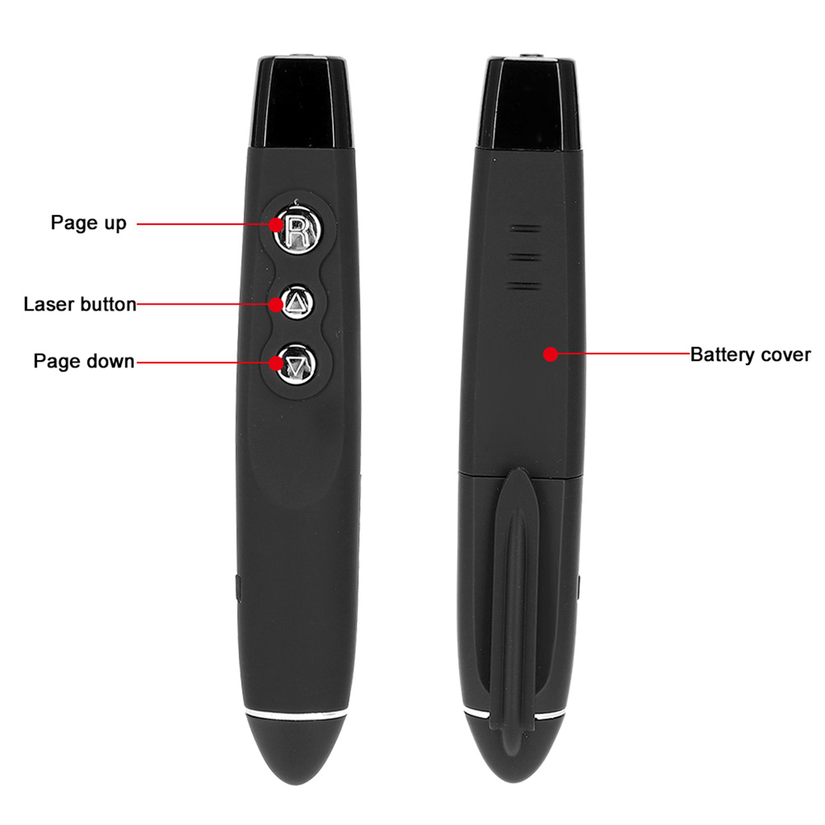 Zwei schwarze Laserpointer mit Etiketten auf der Vorder- und Rückseite.