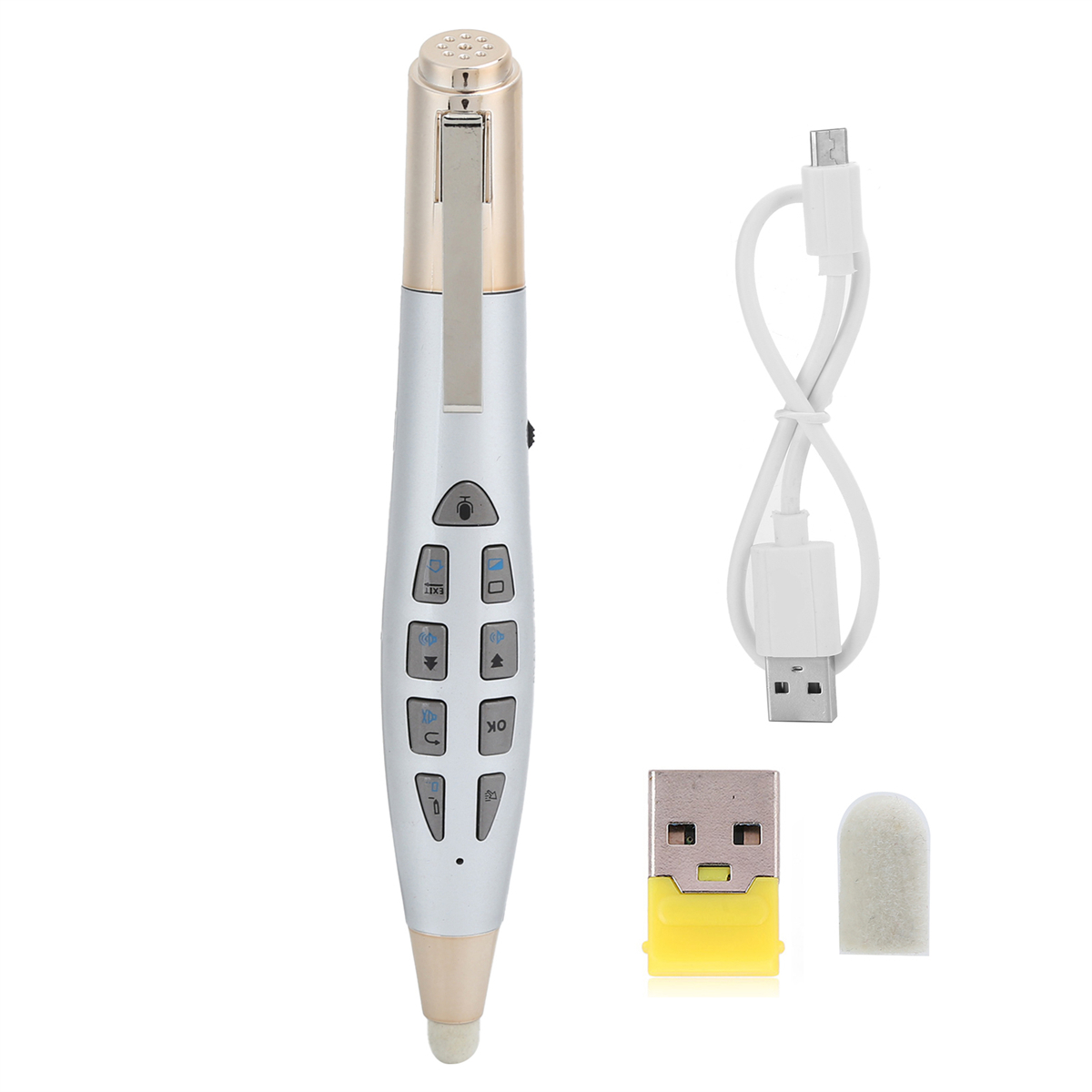 Ein stiftförmiger Präsentationsgerät mit Knöpfen und einem USB-Empfänger und Ladegerät.
