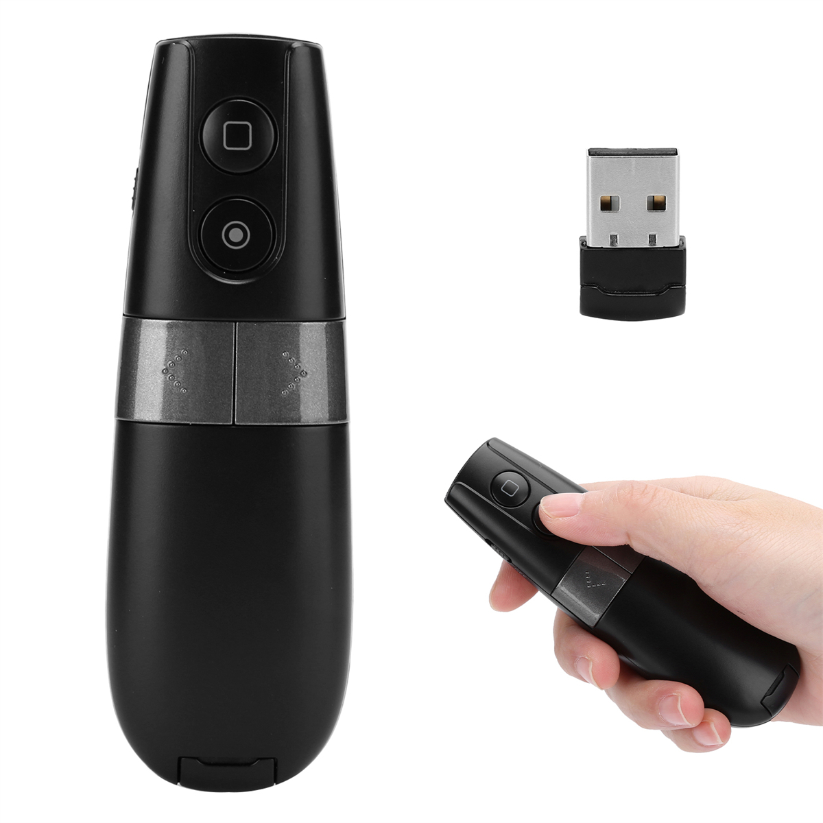 Zwei schwarze Präsentationsfernbedienungen und ein USB-Empfänger. Eine gehalten, eine separat.