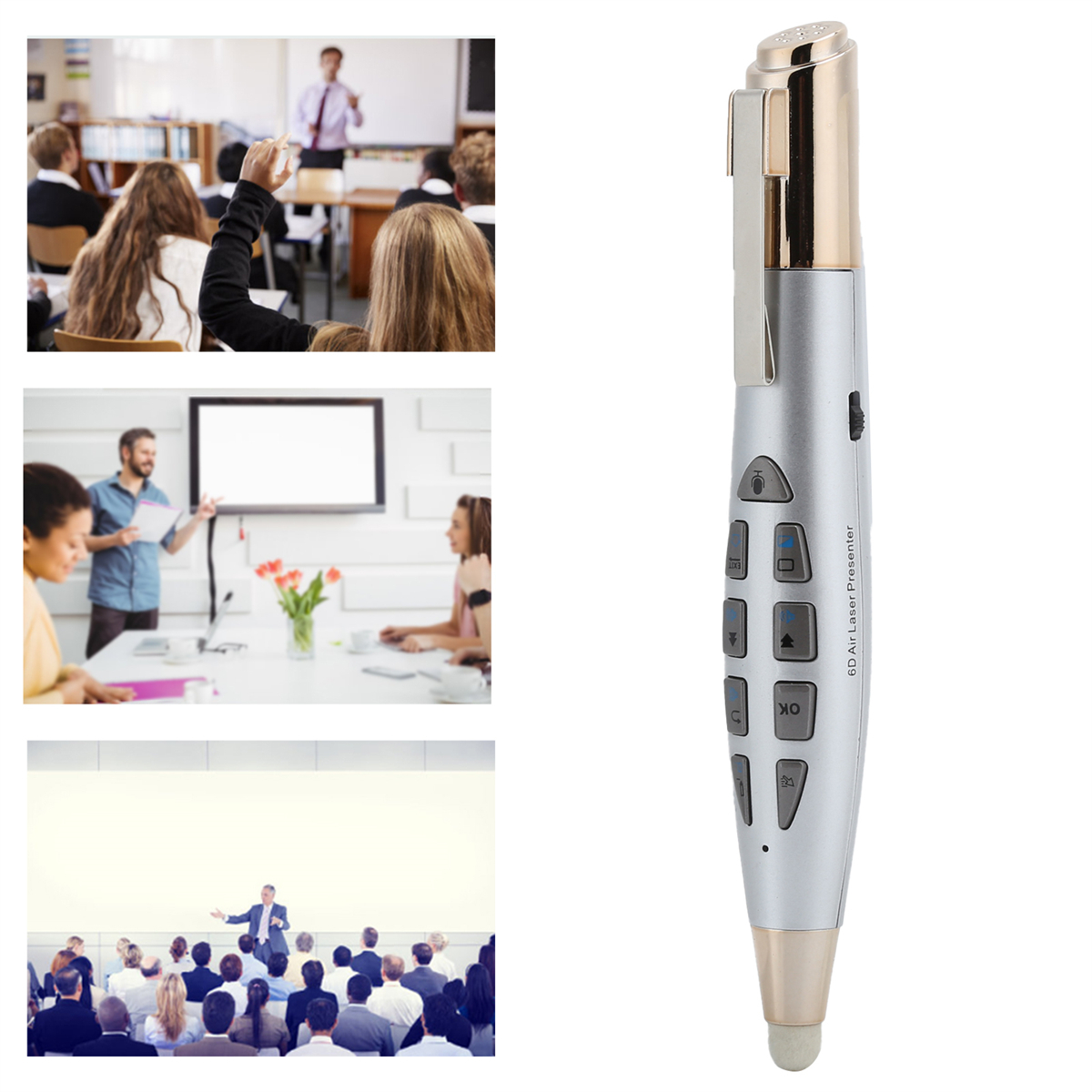 Präsentationsstift und Szenen: Klassenzimmer, Meeting und öffentliche Rede.