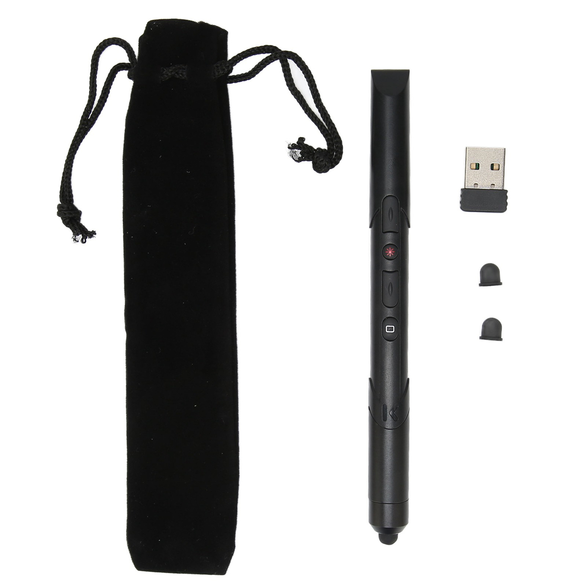Schwarze stiftförmige Präsentationsfernbedienung mit USB-Empfänger und Zubehör.
