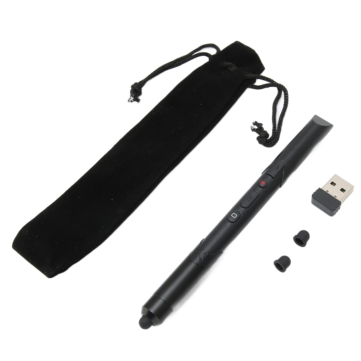 Ein schwarzer Präsentations-Clicker mit Tragetasche, USB-Empfänger und Ersatzteilen.