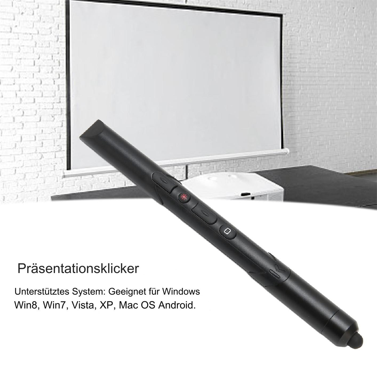 Schwarzer Präsentationsklicker mit Text. Text beinhaltet: 'Präsentationsklicker' und Beschreibung der kompatiblen Systeme.