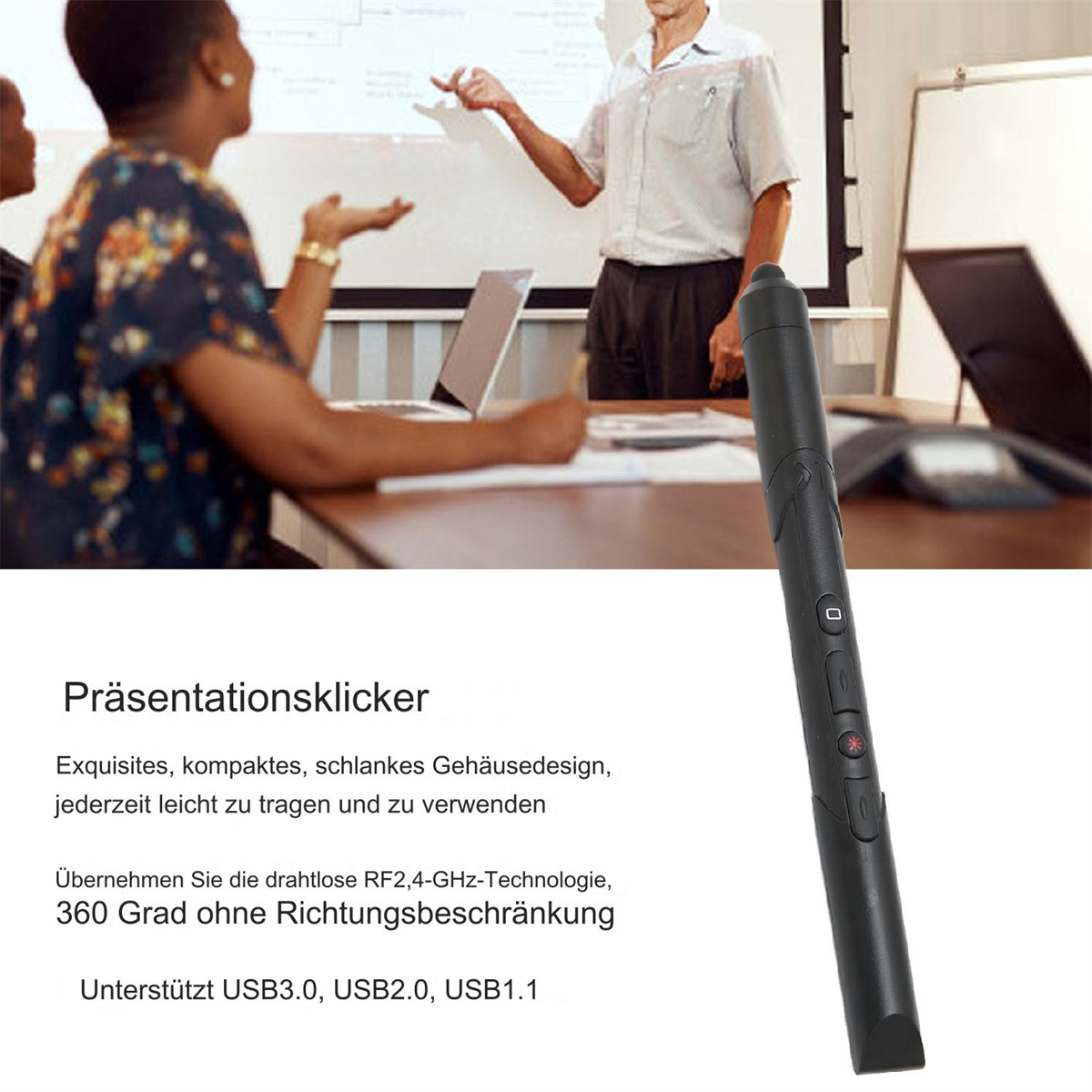 Ein Präsentationsklicker, der von einer Person gehalten wird, mit Text über das Gerät auf Deutsch.