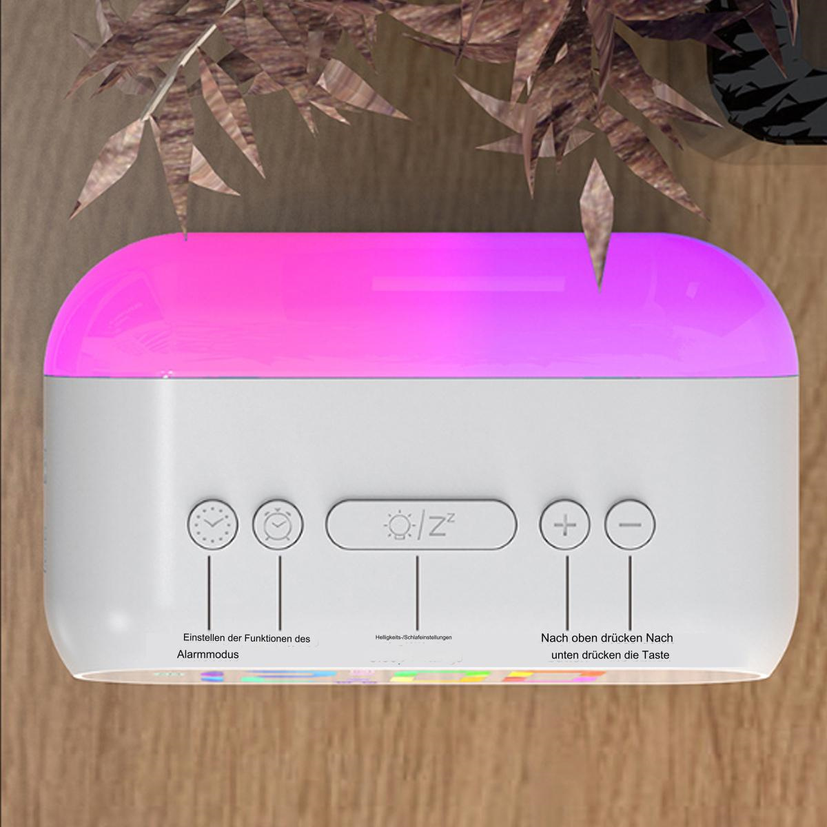 Eine weiße und rosa Nachttischlampe mit Symbolen und Knöpfen. Sie hat eine farbwechselnde Oberseite.