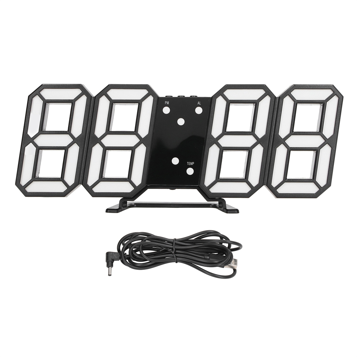 Eine schwarze Digitaluhr mit weißen LED-Ziffern. Unten ist ein Stromkabel.