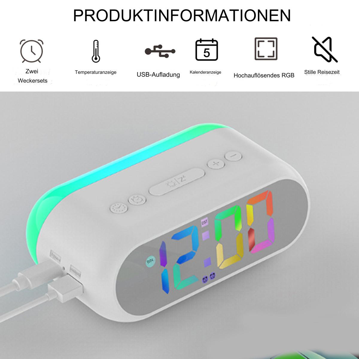 Ein weißer Wecker mit Farbanzeige zeigt die Uhrzeit an. Er hat mehrere Symbole und Knöpfe.