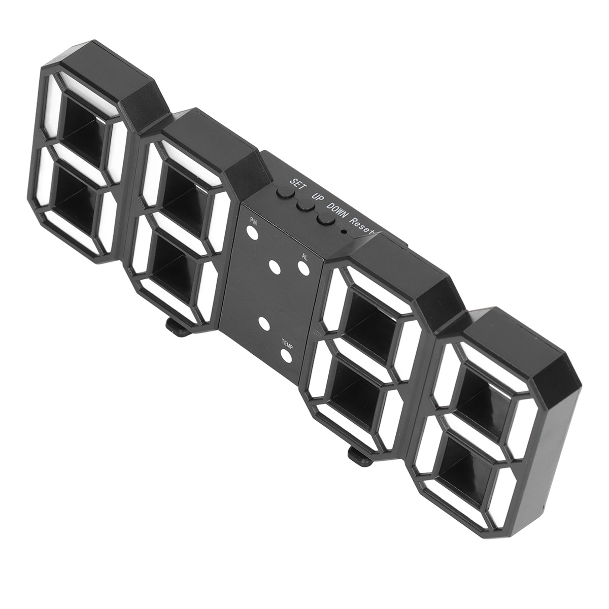 Schwarze Digitaluhr mit weißen Zahlen und Knöpfen.