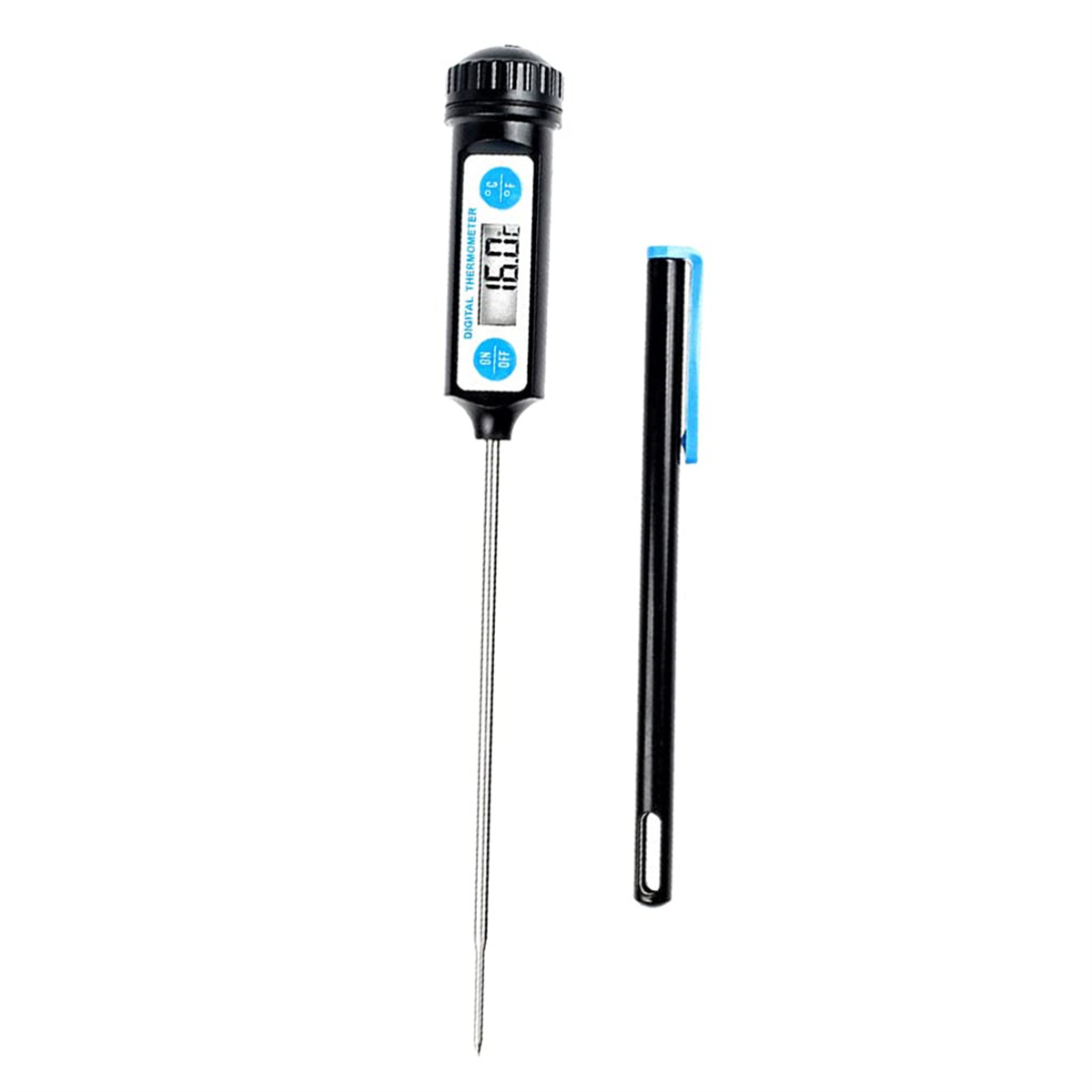 Digitales Thermometer mit langer Metallsonde und Kappe. Das Display zeigt die Temperatur mit Ein/Aus-Taste.
