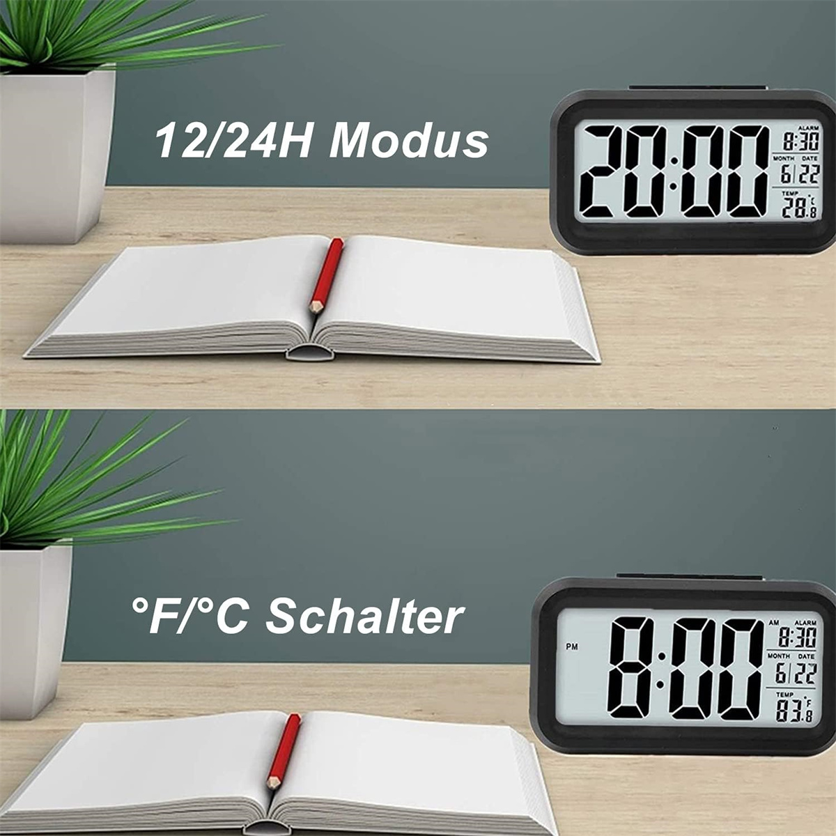 Zwei Bilder einer Digitaluhr. Eins zeigt 20:00 im 12/24H-Modus. Das andere 8:00 AM im °F/°C-Modus.