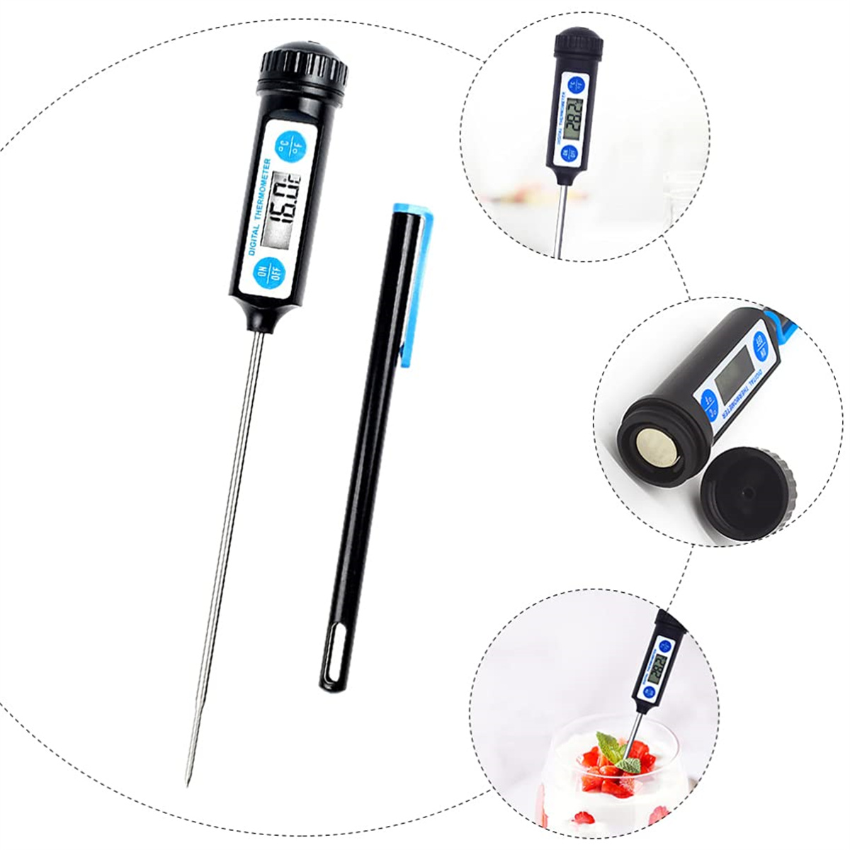 Digitales Thermometer mit schwarzem Griff und Anzeige. Enthält einen Stift und Temperaturmessungen.