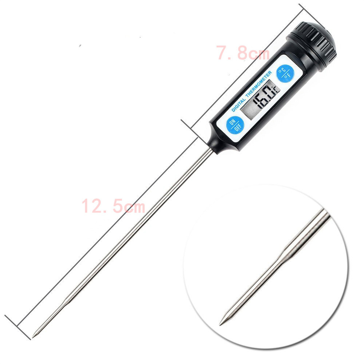 Ein digitales Thermometer mit Sonde. Die Anzeige zeigt 16,0°C an. Eine Nahaufnahme der Sondenspitze in einem Kreis.
