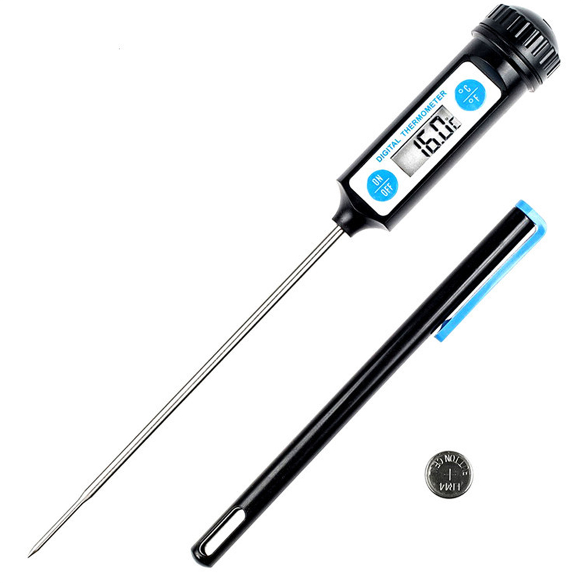 Digitales Thermometer mit schwarzem Griff, 16,0 Grad, und Stift.