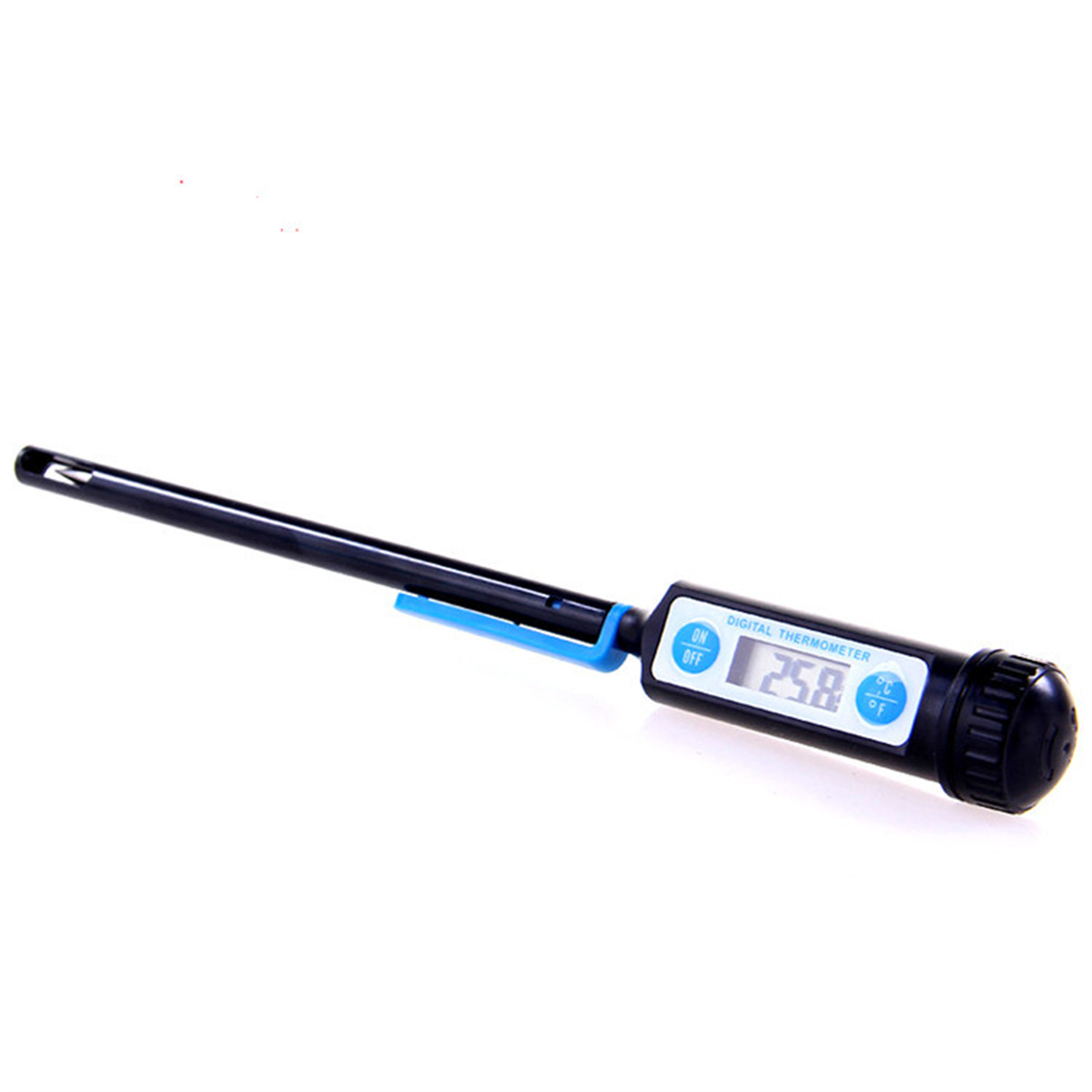 Digitales Thermometer mit schwarzer Sonde und blauem Clip.