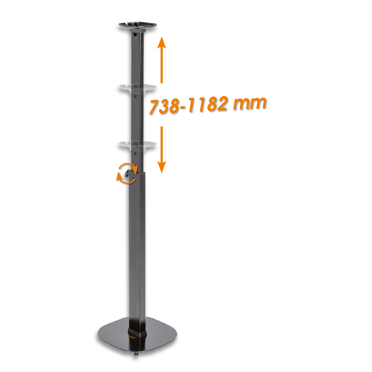 Ein Metallständer mit einstellbarer Höhe von 738-1182 mm. Die Basis hat eine quadratische Form.