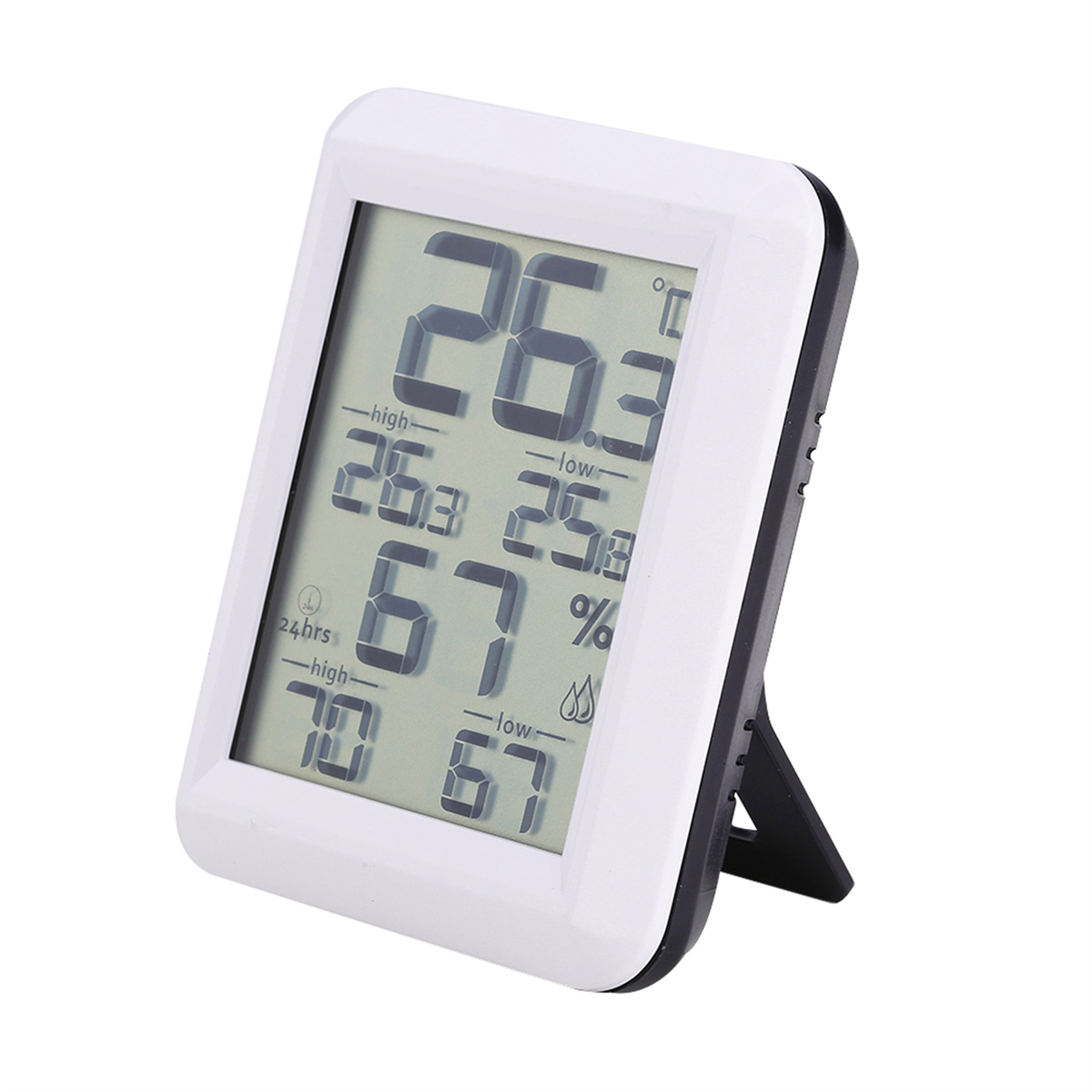 Weißes digitales Thermometer mit Bildschirm, der Temperatur und Luftfeuchtigkeit anzeigt.