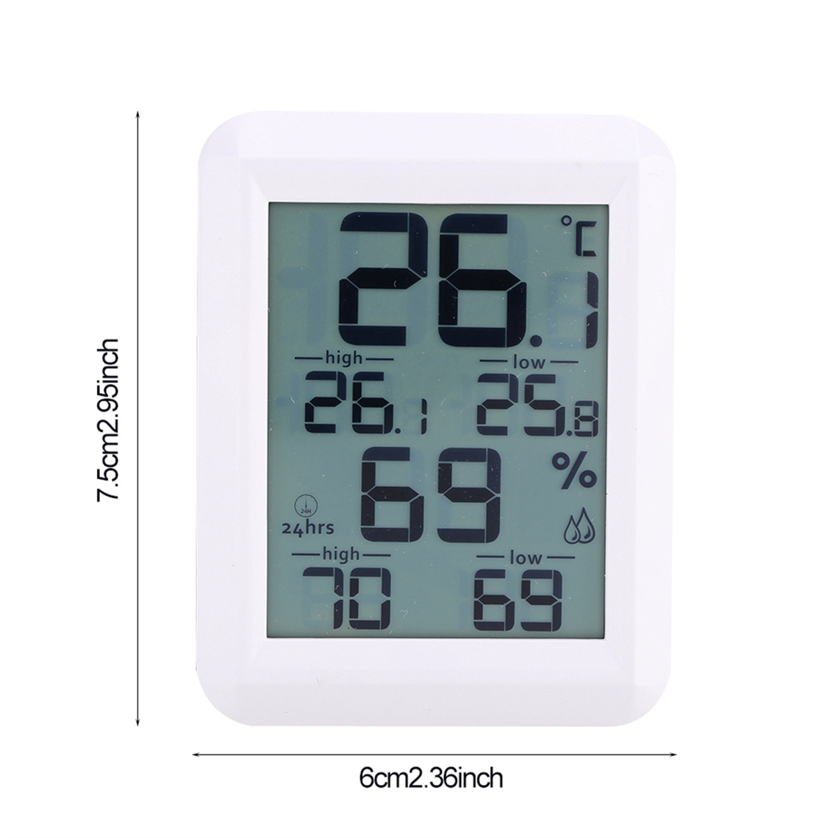 Ein digitales Thermometer zeigt Temperatur- und Feuchtigkeitswerte an: 26,1 °C, 25,8 °C, 69 %, 70 % hoch, 69 % niedrig.