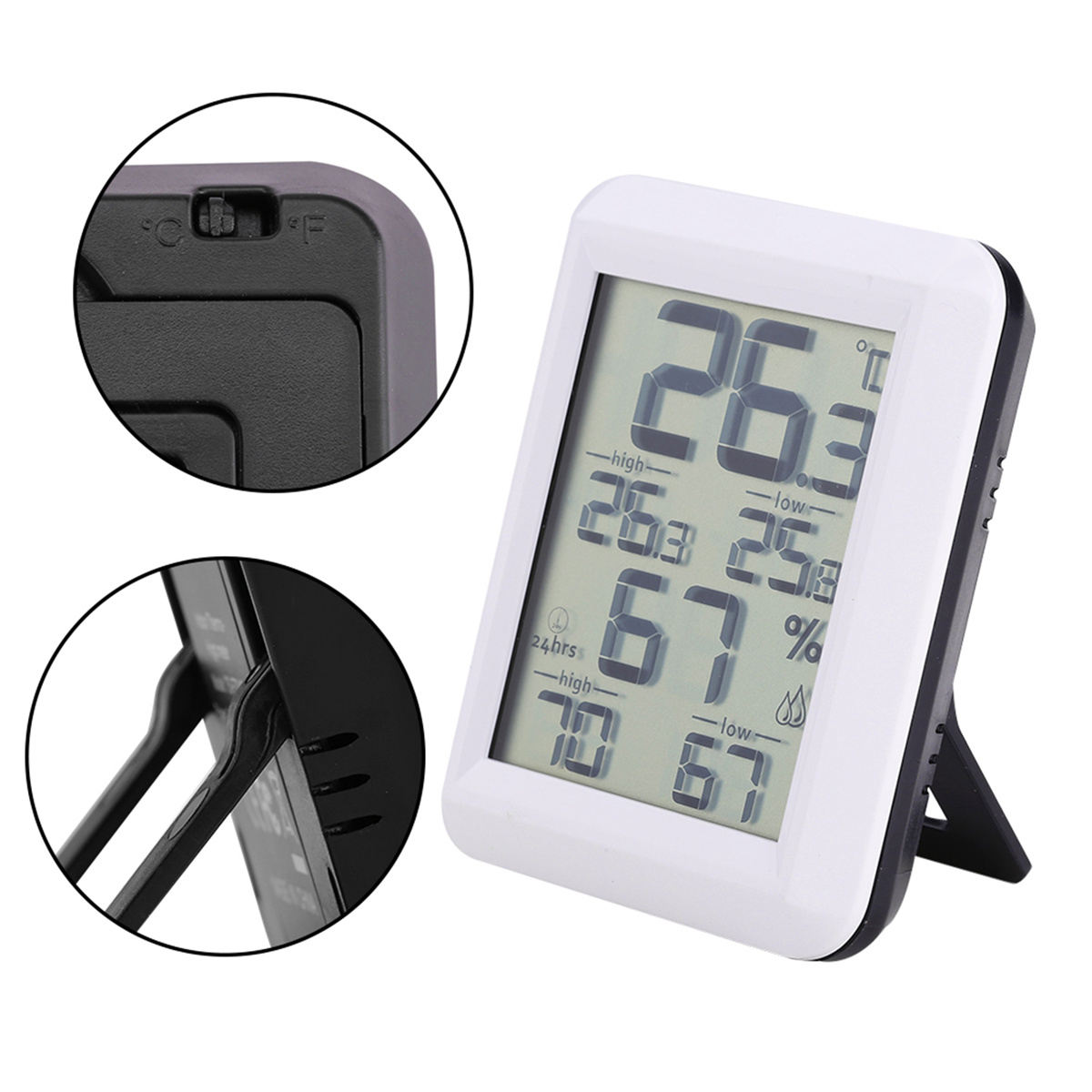 Ein weißes digitales Thermometer mit schwarzem Rahmen. Es zeigt Temperatur, Luftfeuchtigkeit und Daten.