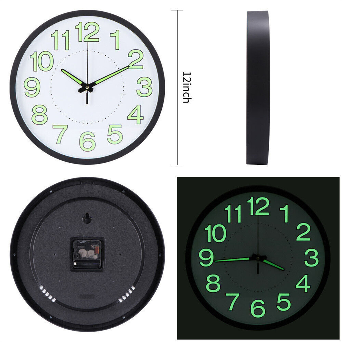 Uhr, die die Zeit anzeigt, und ihre Komponenten. Die Uhr ist schwarz mit grün leuchtenden Zahlen.
