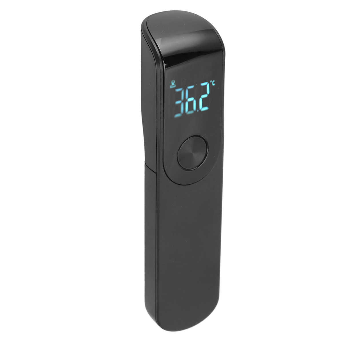Ein schwarzes Thermometer zeigt 36,2 Grad Celsius an. Es wird vertikal gehalten.