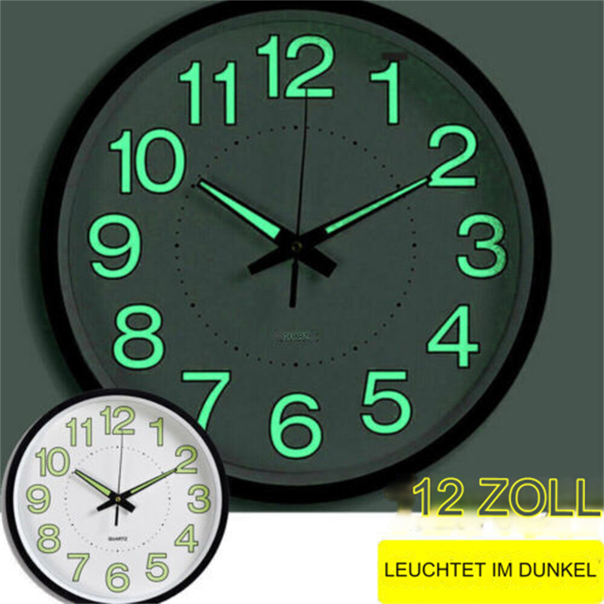 Eine runde analoge Uhr mit grün leuchtenden Zahlen und Zeigern und eine kleinere Uhr darunter.
