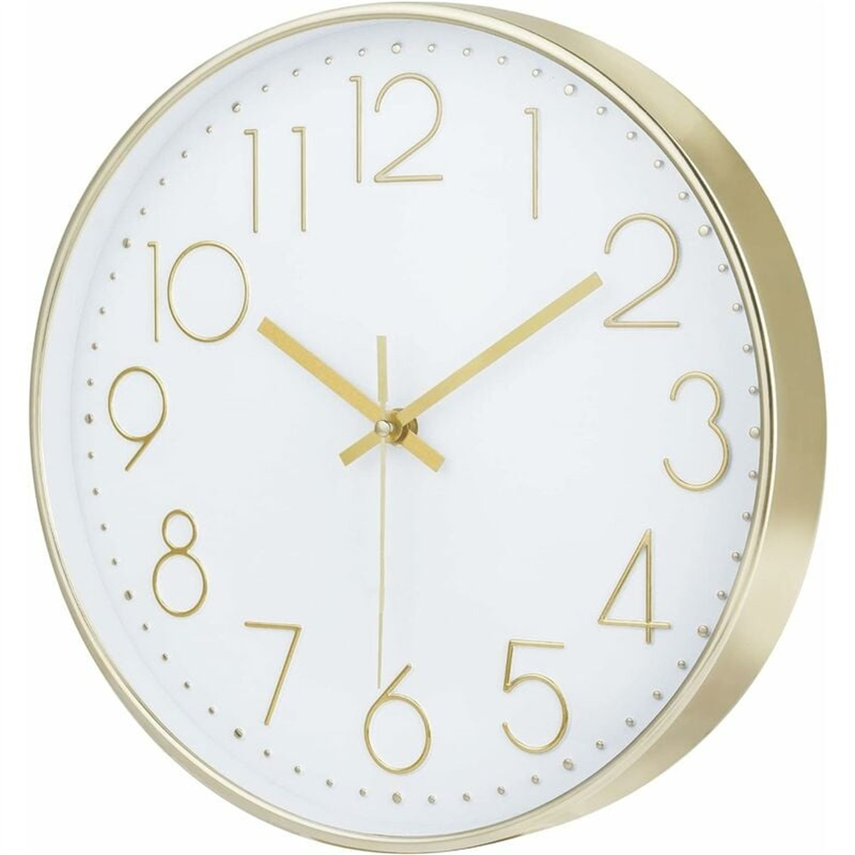 Eine goldgerahmte weiße Uhr mit goldenen Zeigern und Ziffern, auf weißem Hintergrund.