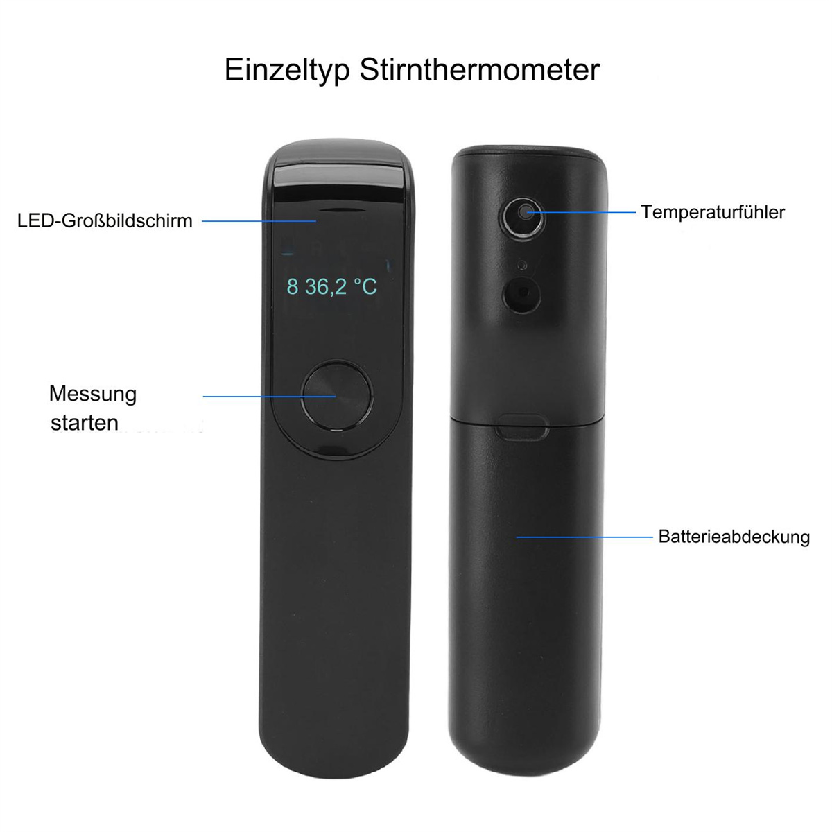 Ein digitales Stirnthermometer. Zeigt die Vorder- und Rückseite. Etiketten weisen auf Teile und Funktionen hin.