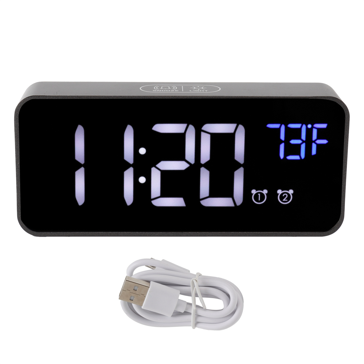 Schwarzer digitaler Wecker mit der Anzeige 11:20 und 73°F. Ein weißes USB-Kabel liegt darunter.