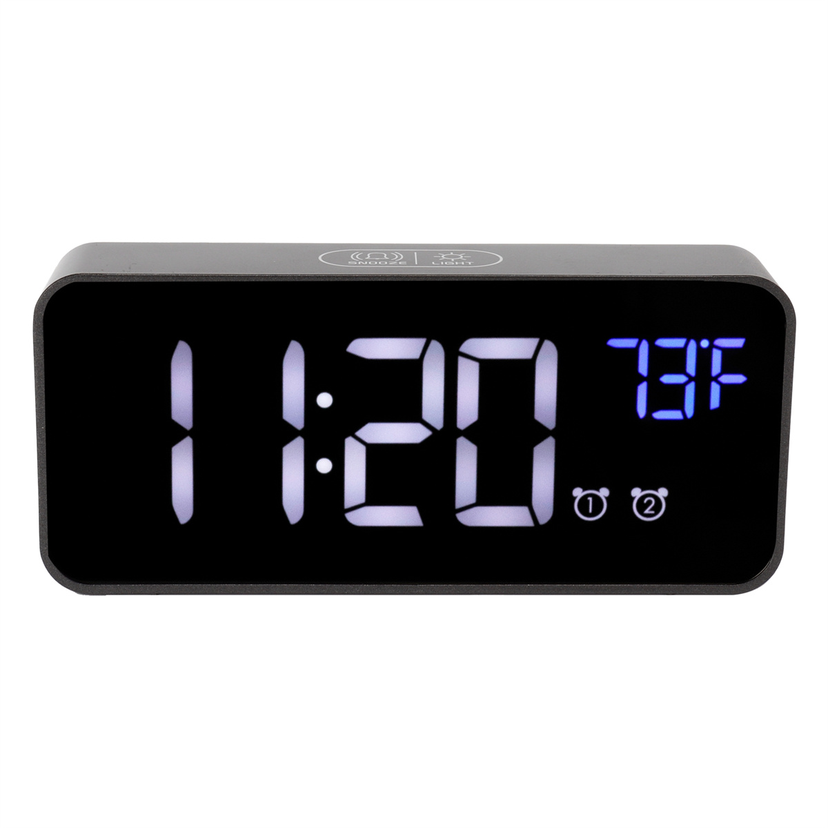 Schwarzer digitaler Wecker mit Anzeige 11:20 und 73F, mit Zeit- und Alarm-Symbolen.