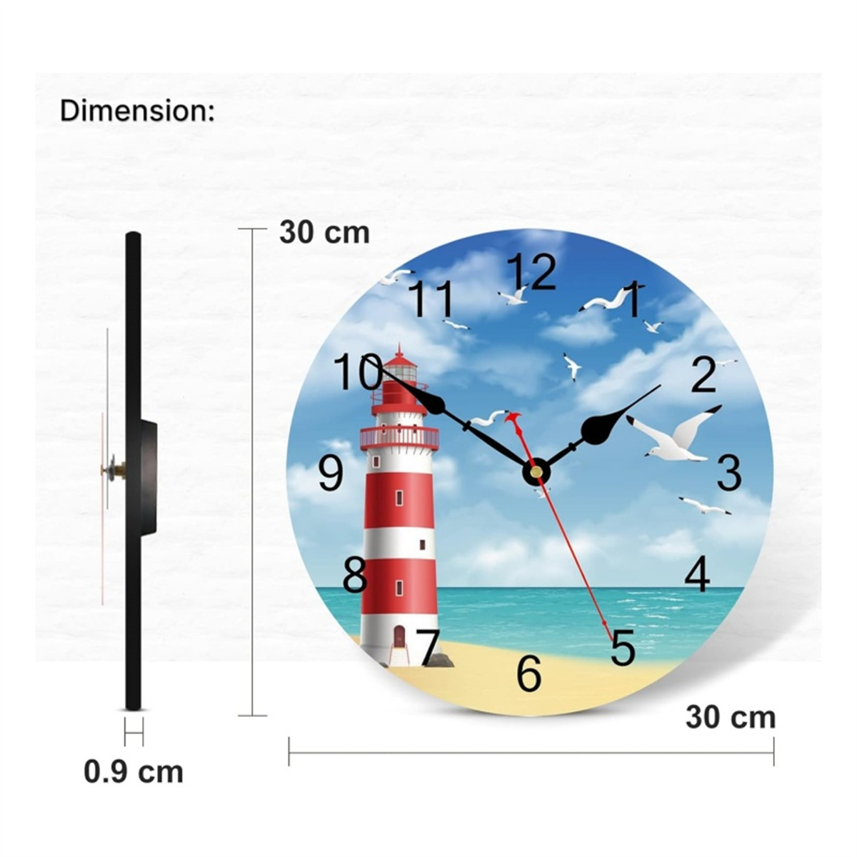 Uhr mit Leuchtturmszene. Abmessungen: 30x30cm, 0,9cm dick.