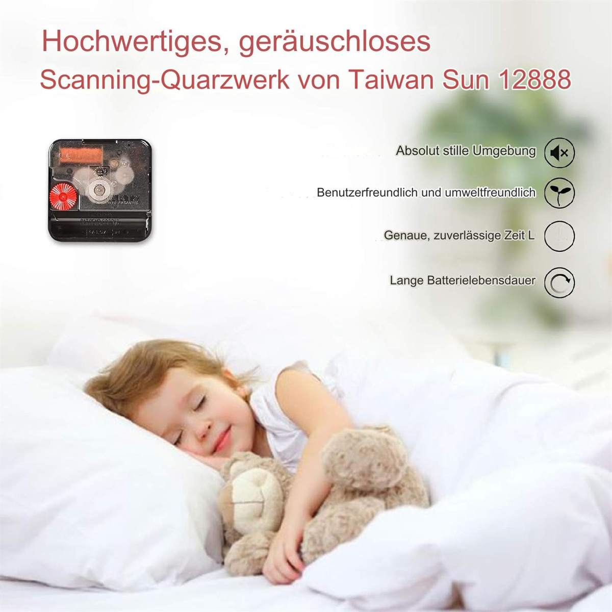 Ein schlafendes Mädchen mit einem Teddybären und einem Uhrwerk.