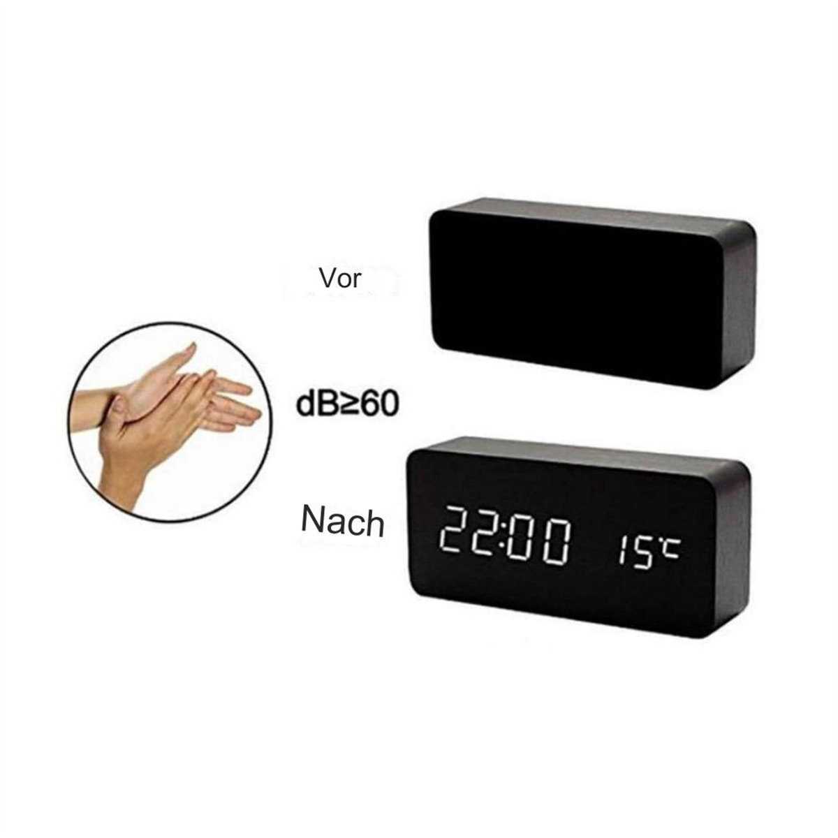 Eine schwarze Digitaluhr mit 'Vor' und 'Nach' sowie Uhrzeit und Temperatur.