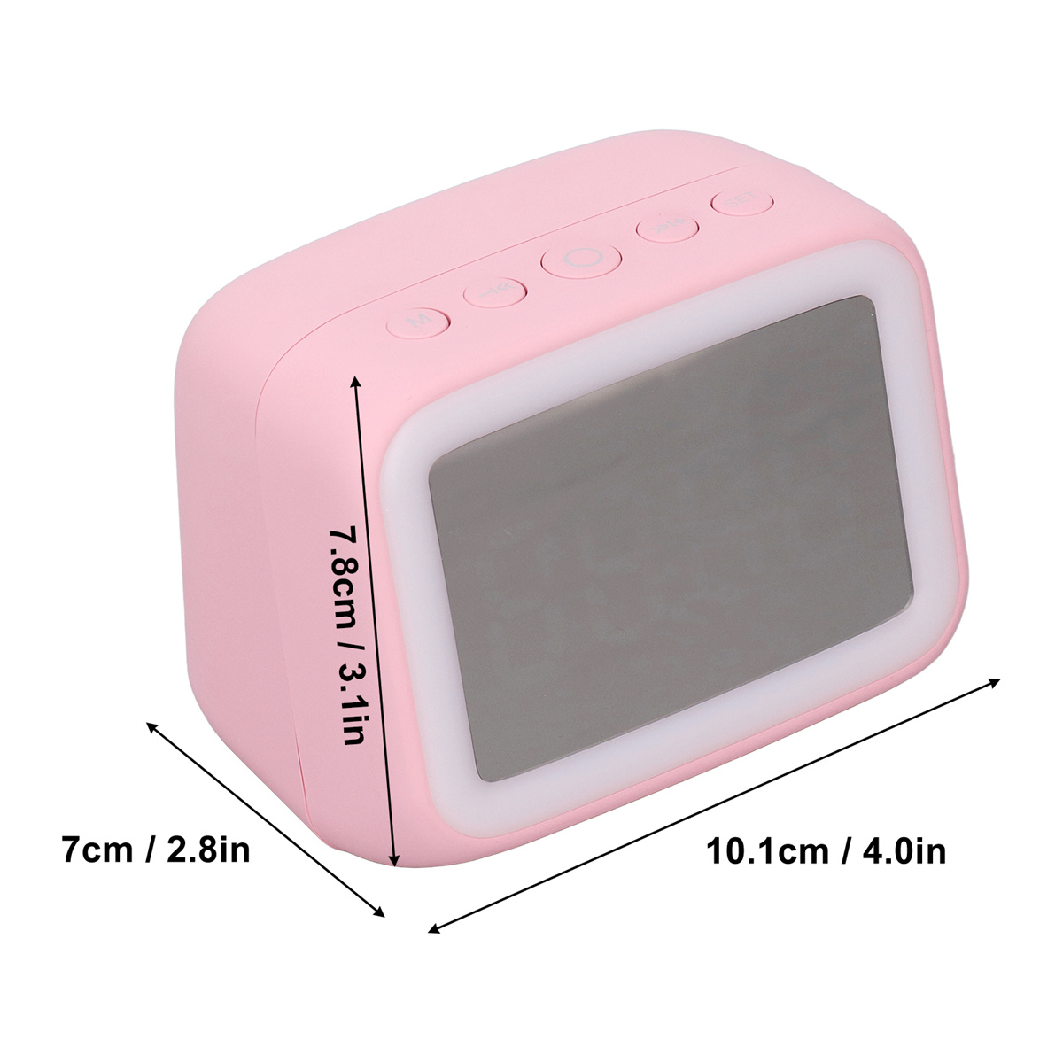 Ein rosa digitaler Wecker. Abmessungen sind angezeigt. Er hat Knöpfe oben und einen Bildschirm für die Zeit.