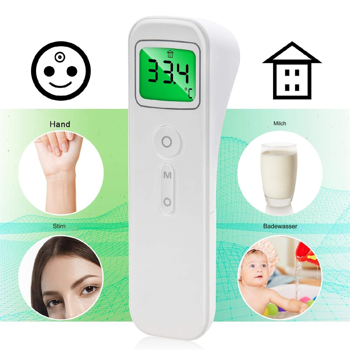 Weißes digitales Thermometer mit Anzeige von 33,4°C. Symbole von Hand, Milch, Gesicht und Baby.