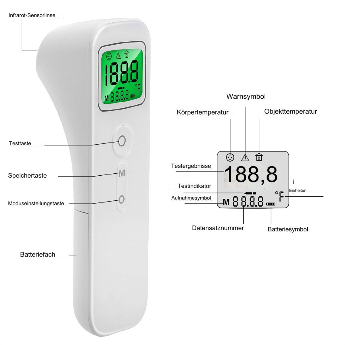 Weißes medizinisches Thermometer mit Anzeige, die Temperatur anzeigt, mit Textbeschriftungen und Zahlen markiert.